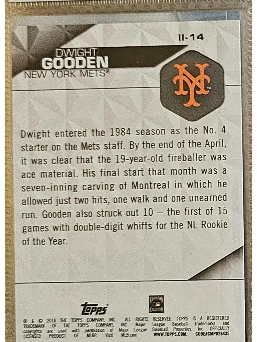 DWIGHT GOODEN 2018 Topps Series 2 INSTANT IMPACT - NEW YORK METS - #II-14 - Picture 2 of 2